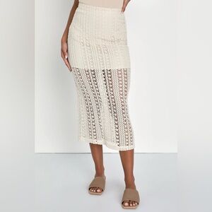 Lulu’s Never-Ending Summer Beige Crochet High-Rise Midi Skirt Medium NWT